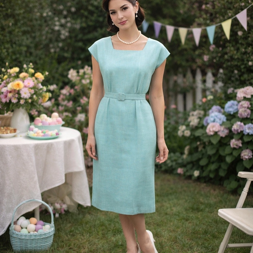 Caron Chicago EUC Vintage 60s Aqua Linen Mad Men‎ Wiggle Dress Belted Sheath USA